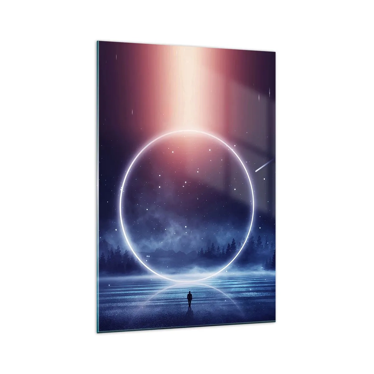 Impression sur verre - Image sur verre - Un paysage magique avec une silhouette et un cercle de lumière la nuit - 70x100cm - Ils sont déjà là... - Décoration murale moderne pour le salon et la chambre ARTTOR