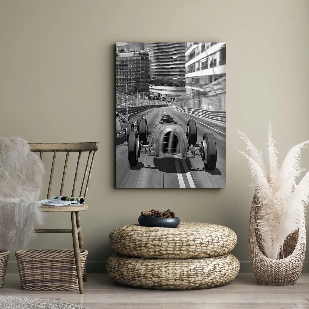 Impression sur toile - Image sur toile - Scène de course automobile rétro monochrome - 70x100cm - Il y a longtemps à Monté Carlo - Décoration murale moderne pour le salon et la chambre ARTTOR