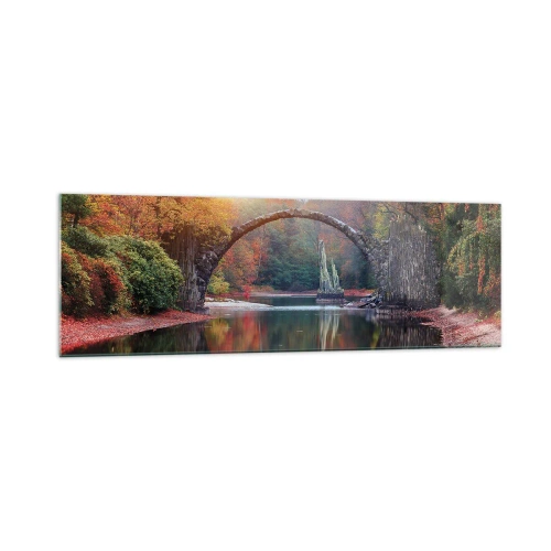 Impression sur verre - Image sur verre - Un pont de pierre dans un paysage d'automne sur une eau calme - 160x50cm - De l'autre cote du miroir - Décoration murale moderne pour le salon et la chambre ARTTOR
