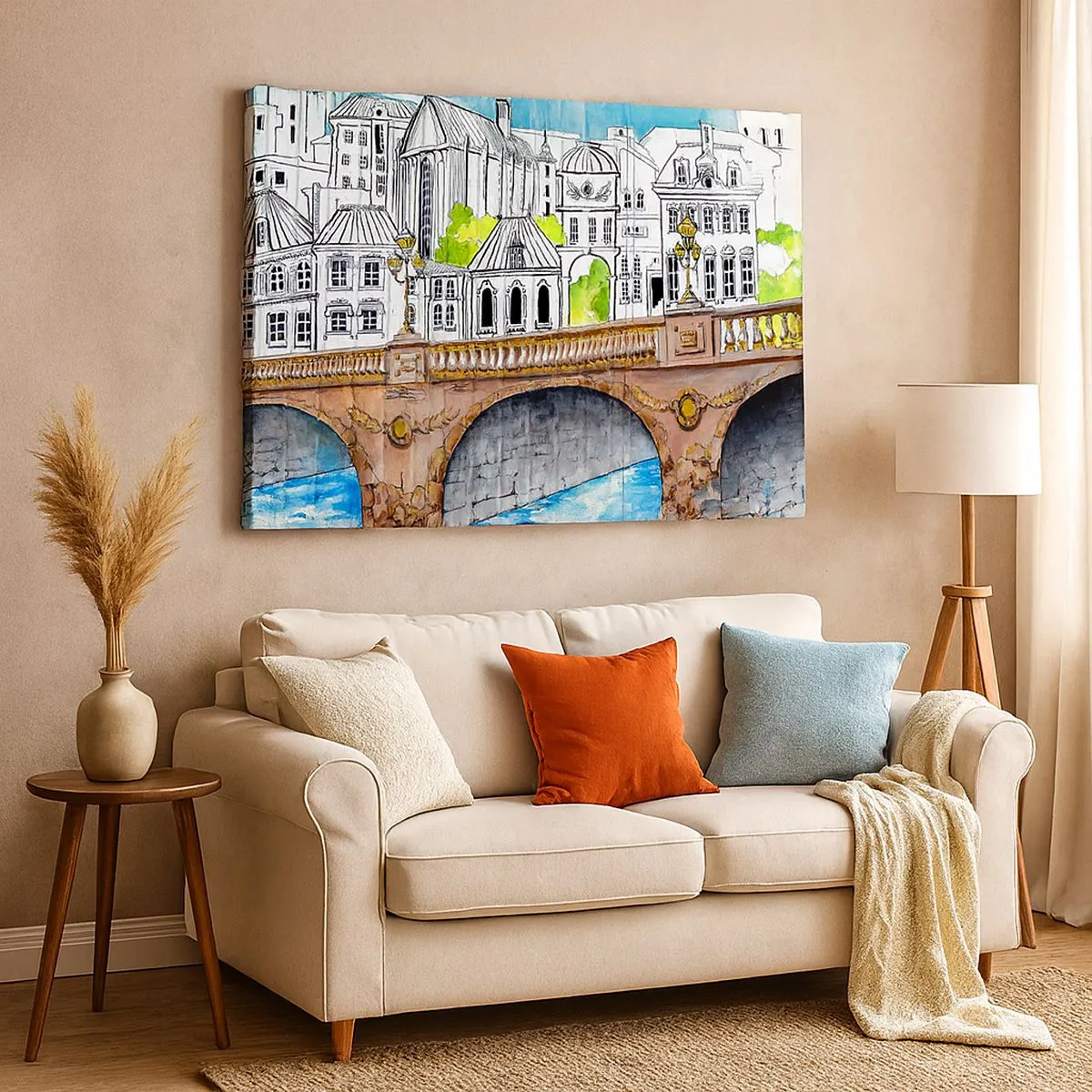 Impression sur toile - Image sur toile - Dessin du pont et de l'architecture urbaine historique - 70x50cm - Une ville comme peinte - Décoration murale moderne pour le salon et la chambre ARTTOR