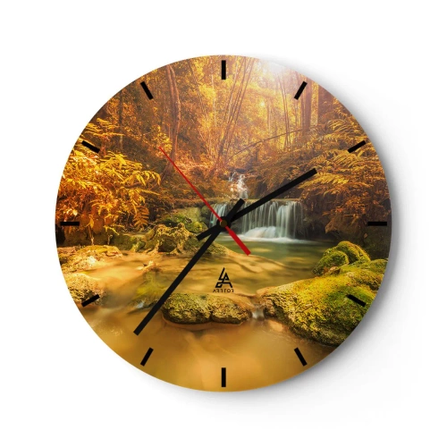 Horloge murale - Pendule murale - Une cascade dorée entourée d'une végétation luxuriante - 30x30cm - Cascade de forêt en or - Décoration murale moderne pour le salon, la cuisine et la chambre ARTTOR