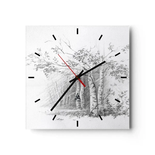 Horloge murale - Pendule murale - Un dessin d'une forêt de bouleaux dans un croquis au crayon subtil - 30x30cm - Lumière d'une forêt de bouleaux - Décoration murale moderne pour le salon et la chambre ARTTOR