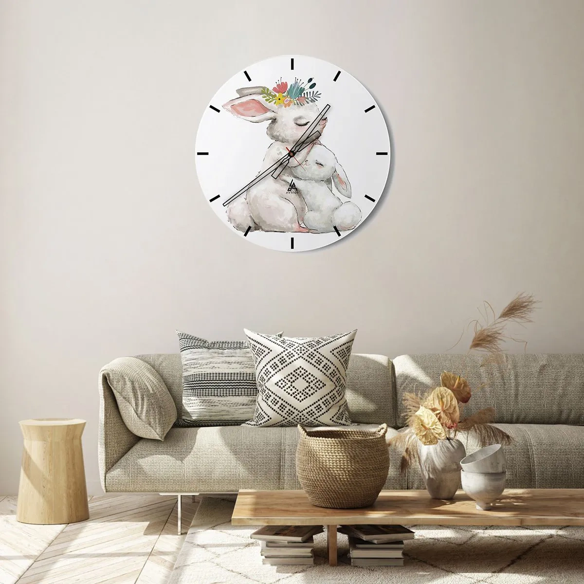 Horloge murale - Pendule murale - Deux lapins câlins, le plus grand avec une couronne de fleurs - 30x30cm - Maman irremplaçable - Décoration murale moderne pour le salon, la cuisine et la chambre ARTTOR