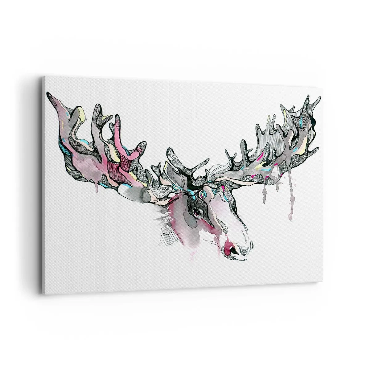 Impression sur toile - Image sur toile - Aquarelle artistique d'un élan aux bois riches - 100x70cm - Couronne du roi de la forêt - Décoration murale moderne pour le salon et la chambre ARTTOR