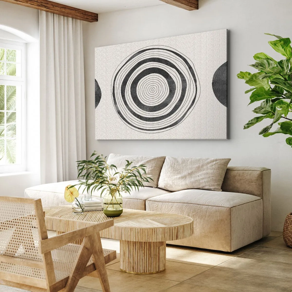 Impression sur toile - Image sur toile - Cercles minimalistes noirs et blancs sur fond clair - 120x80cm - Ce qui est important c'est ce qu'il y a entre les deux - Décoration murale moderne pour le salon et la chambre ARTTOR