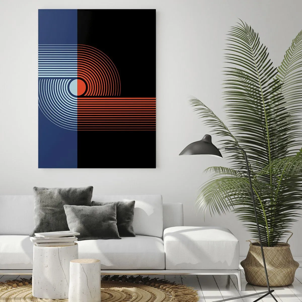 Impression sur verre - Image sur verre - Abstraction géométrique avec des lignes bleu marine et orange. - 80x120cm - Dans une étreinte géométrique - Décoration murale moderne pour le salon et la chambre ARTTOR