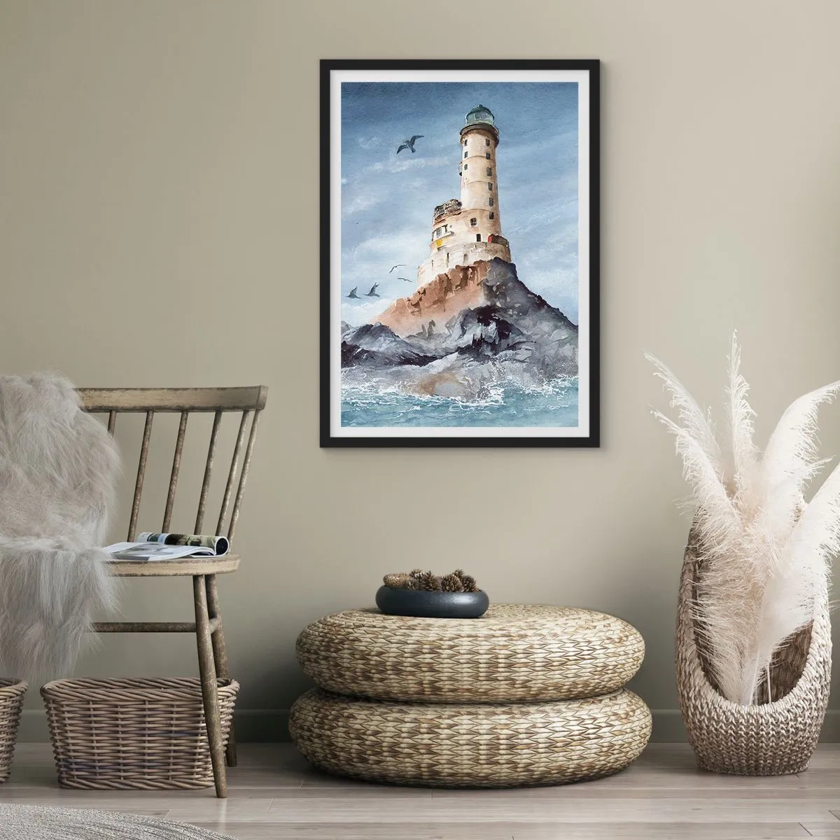 Affiche dans un cadre noir - Poster - Une aquarelle représentant un phare sur une côte rocheuse - 50x70cm - Invincible - Décoration murale moderne pour le salon et la chambre ARTTOR