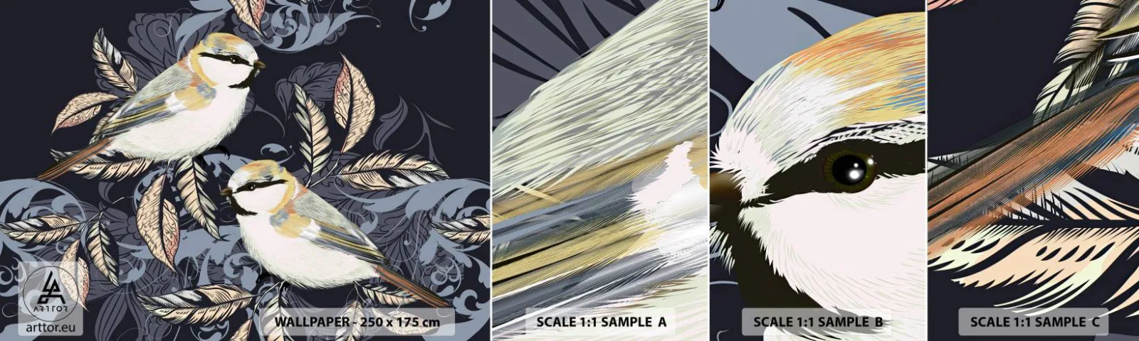 Échantillon de Papier Peint Autocollant Deluxe Sticker - Babillement jaune et bleu - Abstraction, Des oiseaux, Feuilles - 100x30 cm