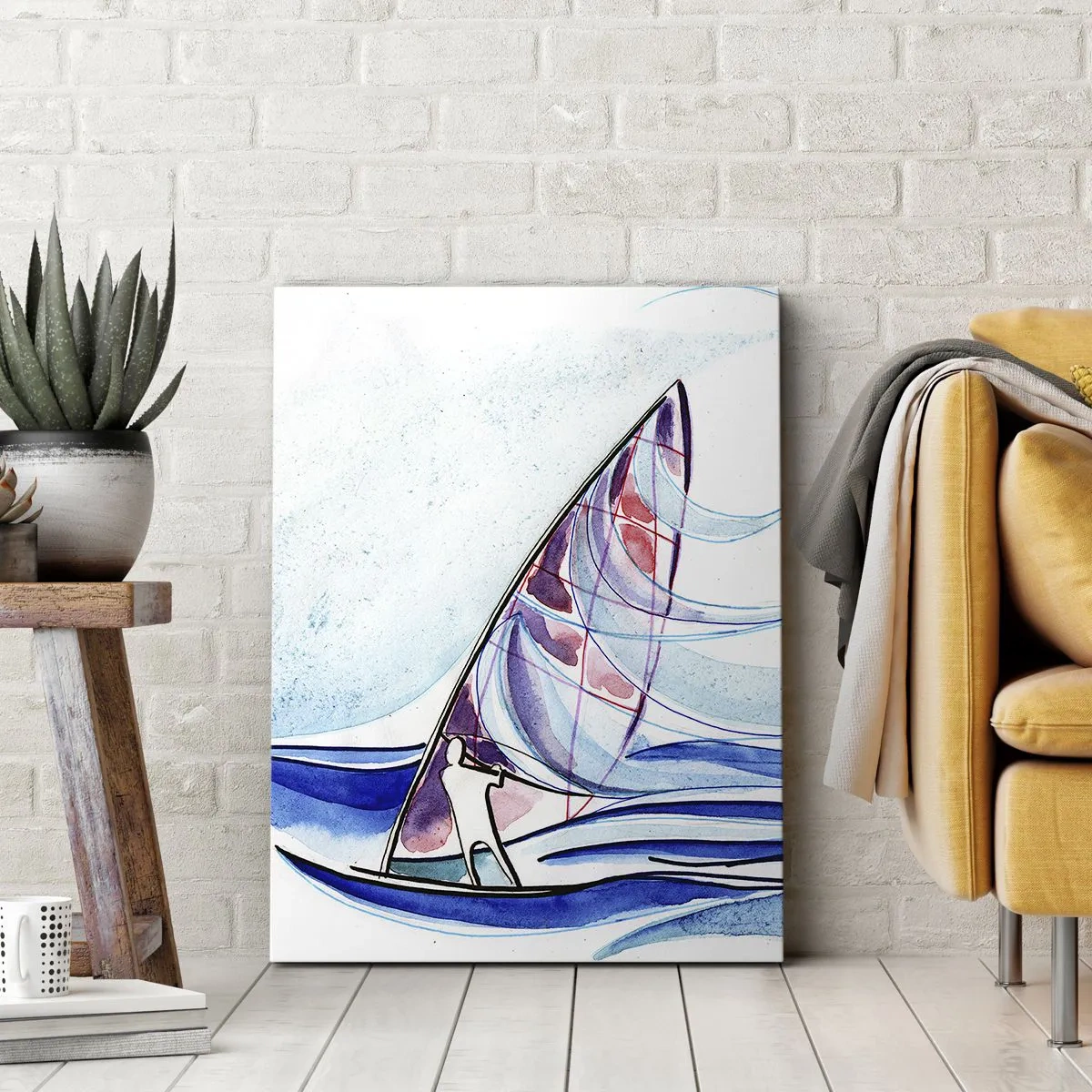 Impression sur toile - Image sur toile - Un surfeur chevauchant les vagues dans une composition abstraite à l'aquarelle - 80x120cm - Avec le vent au rythme des vagues - Décoration murale moderne pour le salon et la chambre ARTTOR