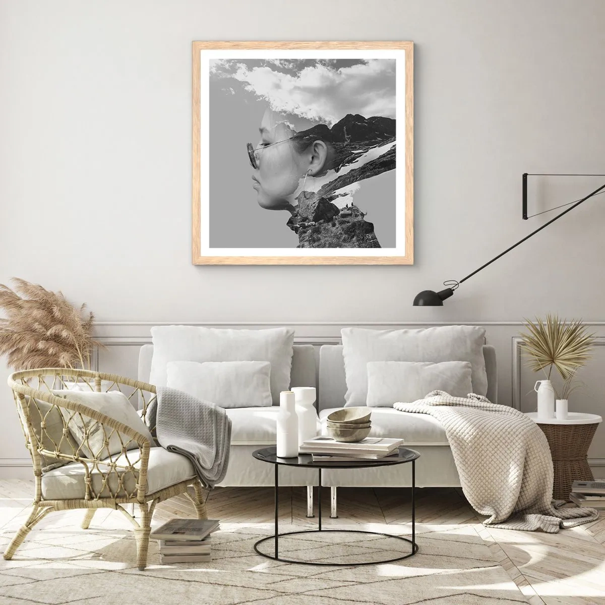 Affiche dans un chêne clair - Poster - Portrait de montagnes et nuages - 40x40 cm