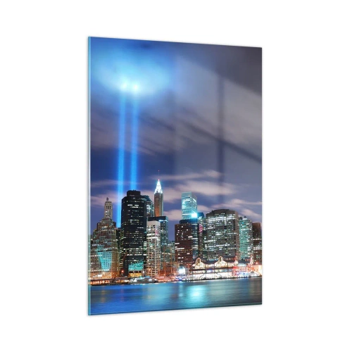 Impression sur verre - Image sur verre - Panorama nocturne de la ville avec des projecteurs - 50x70cm - Atteindre le ciel avec la lumière - Décoration murale moderne pour le salon et la chambre ARTTOR