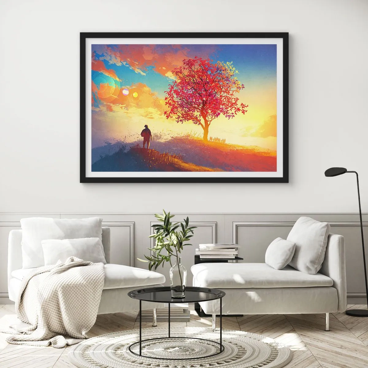 Affiche dans un cadre noir - Poster - Une silhouette sur une colline à côté d'un arbre coloré à la lumière du soleil couchant - 70x50cm - Pèlerin à destination - Décoration murale moderne pour le salon et la chambre ARTTOR