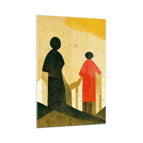 Impression sur verre - Image sur verre - Silhouettes géométriques en rouge et vert sur fond jaune - 70x100cm - La route est encore longue - Décoration murale moderne pour le salon et la chambre ARTTOR