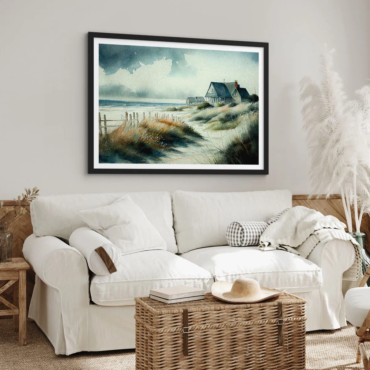 Affiche dans un cadre noir - Poster - Une maison de bord de mer entourée d'herbe et surplombant la mer - 100x70cm - Loin de l'agitation - Décoration murale moderne pour le salon et la chambre ARTTOR