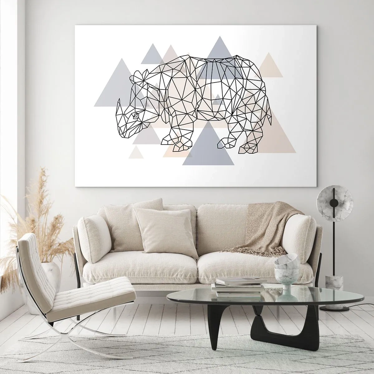 Impression sur verre - Image sur verre - Dessin géométrique d'un rhinocéros sur fond clair - 70x50cm - Structure de force - Décoration murale moderne pour le salon et la chambre ARTTOR