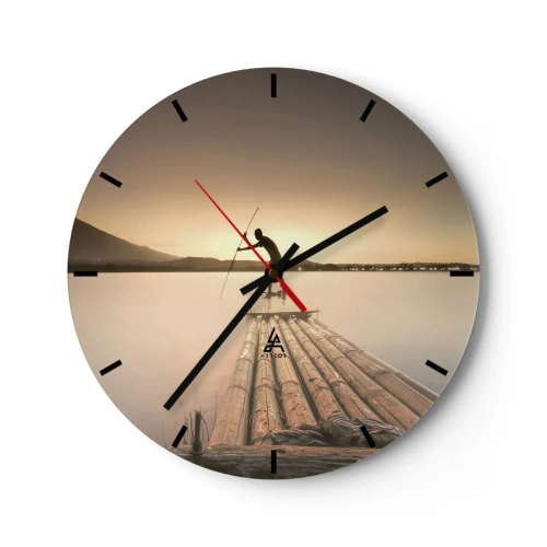 Horloge murale - Pendule murale - Homme sur un radeau en bambou au coucher du soleil - 30x30cm - Avant la fin du jour - Décoration murale moderne pour le salon, la cuisine et la chambre ARTTOR