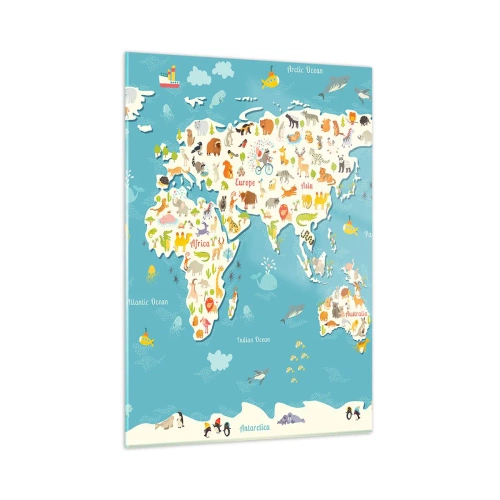Impression sur verre - Image sur verre - Carte du monde colorée avec des motifs d'animaux et d'océan - 50x70cm - Nous aimons le monde entier - Décoration murale moderne pour le salon et la chambre ARTTOR