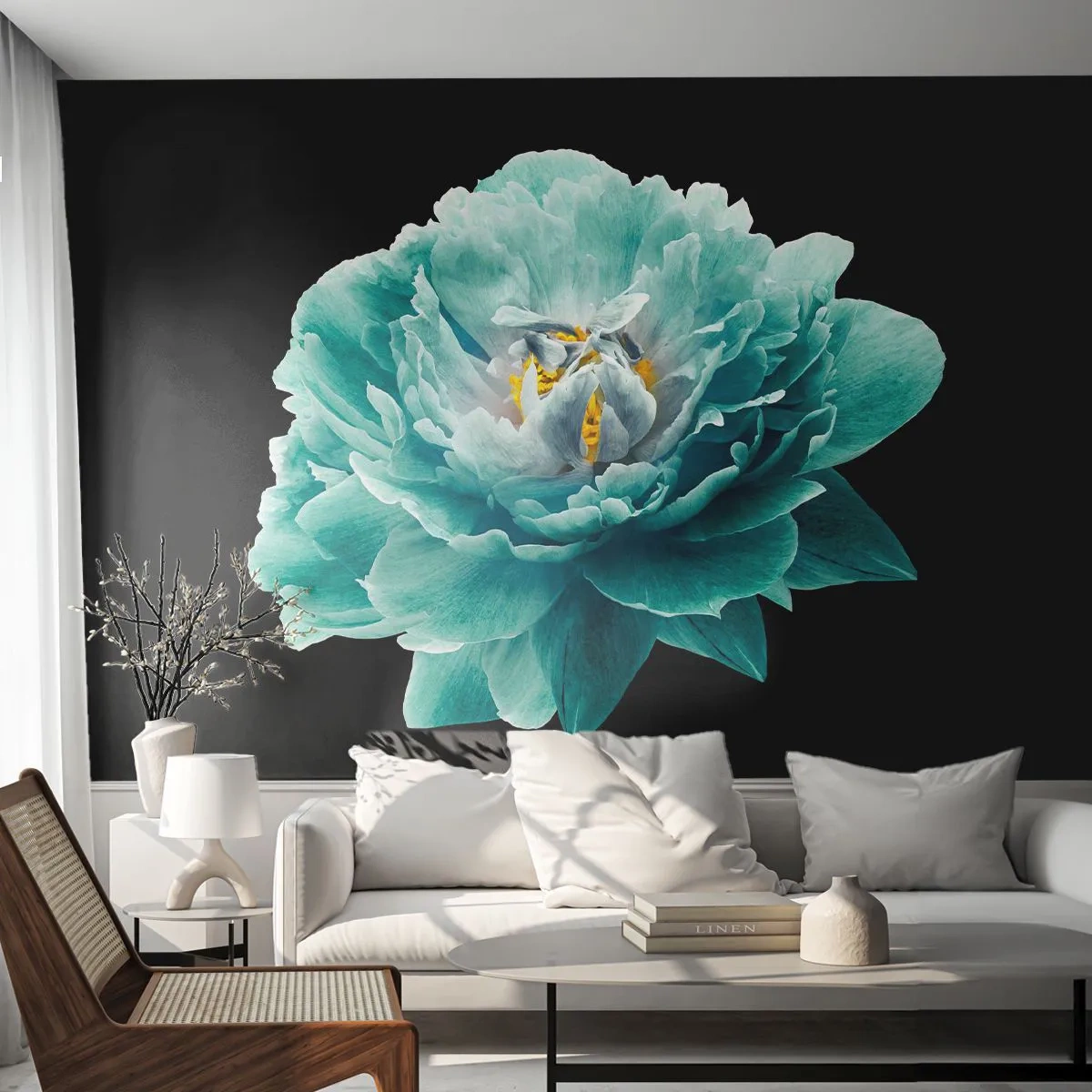 Papier Peint Photo Premium Sand - Fleur de pivoine bleue sur fond noir - 100x70cm - Pétales bleus et dorés - Décoration murale moderne pour le salon et la chambre ARTTOR