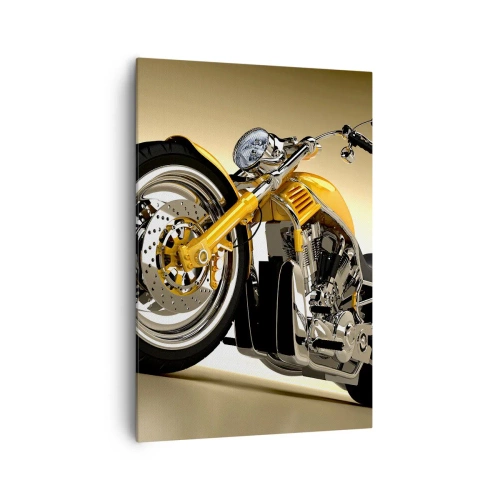 Impression sur toile - Image sur toile - Une moto jaune de style chopper contre un mur beige - 70x100cm - Un rêve de force et de vitesse - Décoration murale moderne pour le salon et la chambre ARTTOR