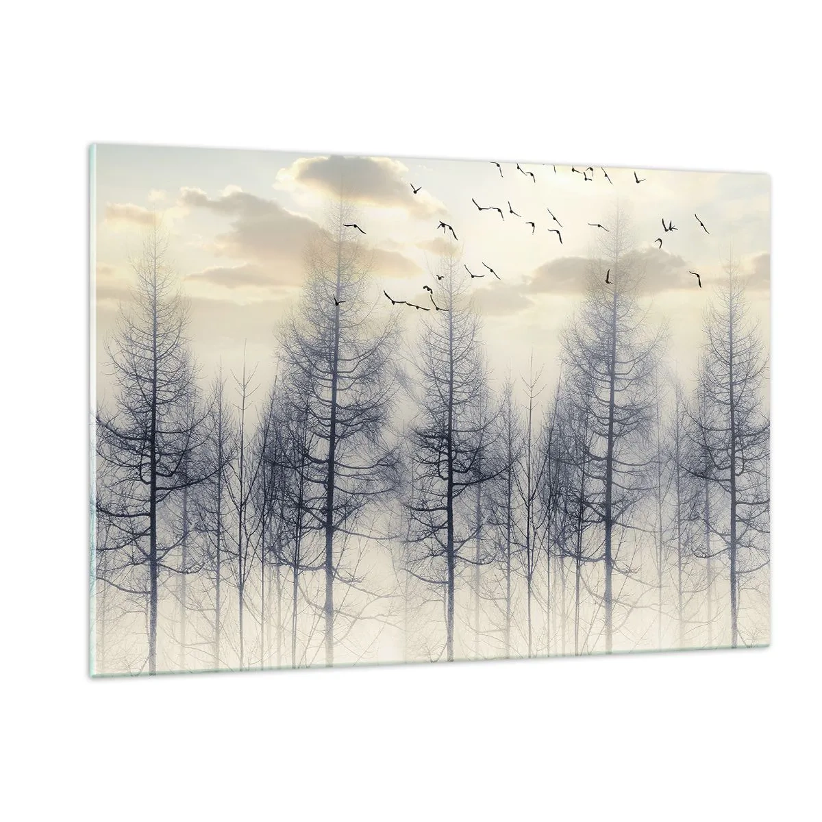 Impression sur verre - Image sur verre - Une forêt brumeuse avec des oiseaux, illuminée par le soleil levant - 120x80cm - L'âme de la forêt - Décoration murale moderne pour le salon et la chambre ARTTOR