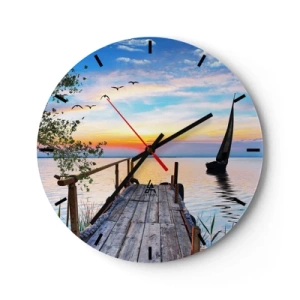 Horloge murale - Pendule murale - Une jetée sur le lac à la lumière du soleil couchant - 30x30cm - Bonsoir! - Décoration murale moderne pour le salon, la cuisine et la chambre ARTTOR