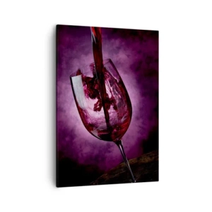Impression sur toile - Image sur toile - Du vin rouge versé dans un verre sur fond de fumée violette - 50x70cm - Écarlate? Carmin? Non, rubis. - Décoration murale moderne pour le salon et la chambre ARTTOR