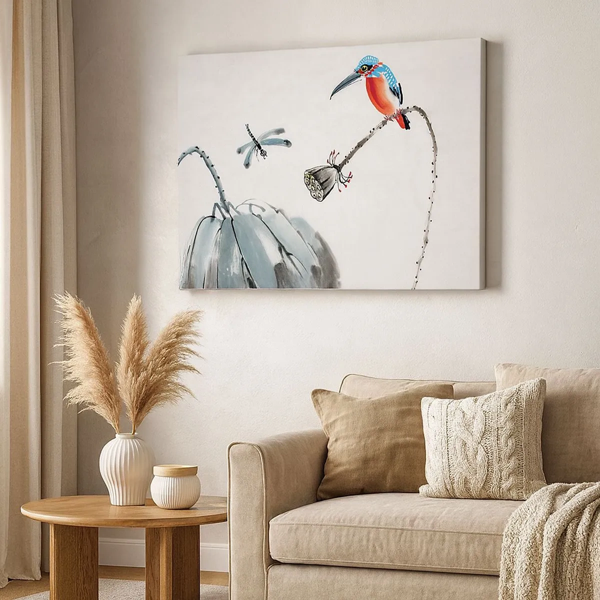 Impression sur toile - Image sur toile - Un oiseau coloré sur fond de végétation et une libellule - 70x50cm - La vie du champ - Décoration murale moderne pour le salon et la chambre ARTTOR