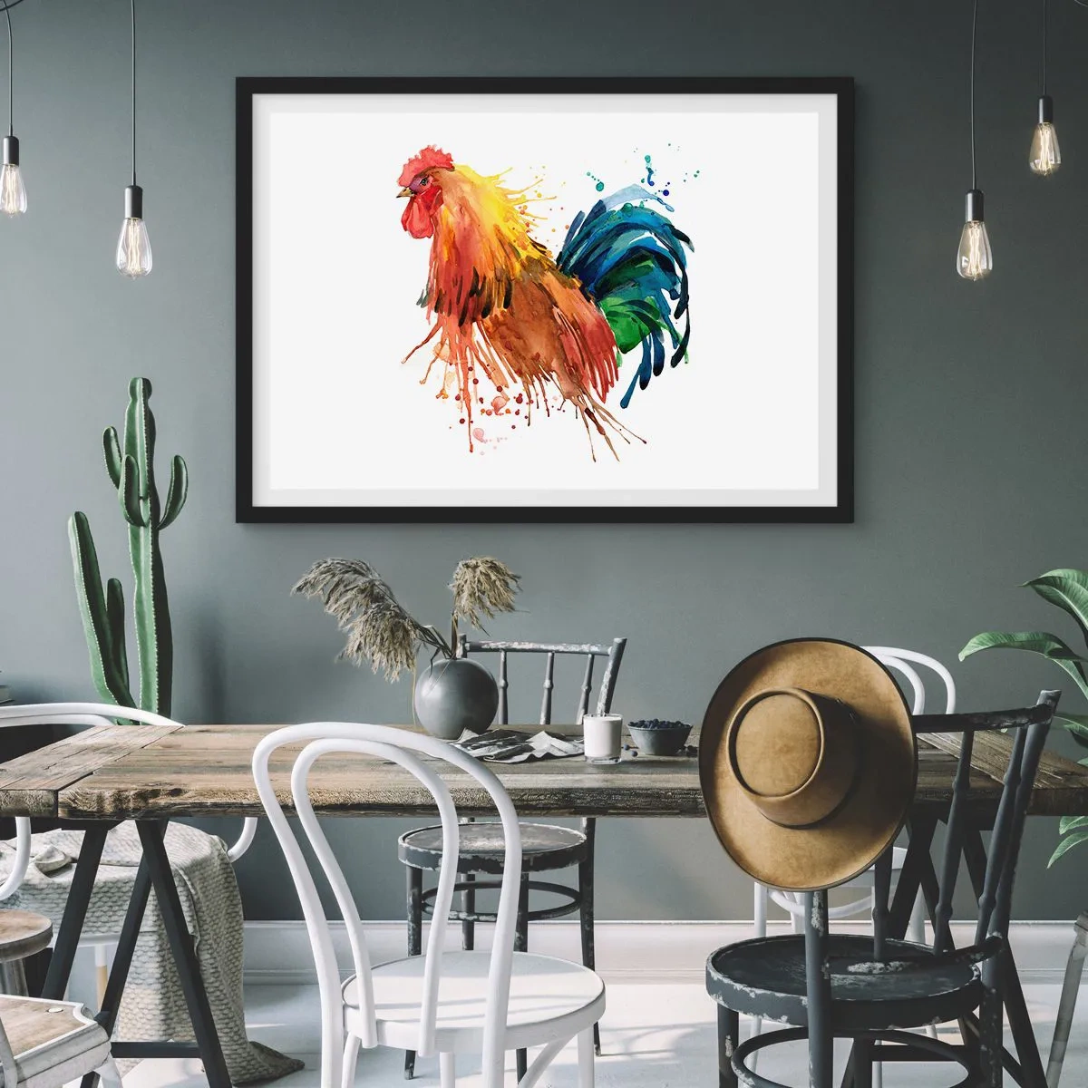 Affiche dans un cadre noir - Poster - Coq coloré dans un style aquarelle - 70x50cm - Robe royale, fierté royale - Décoration murale moderne pour le salon et la chambre ARTTOR