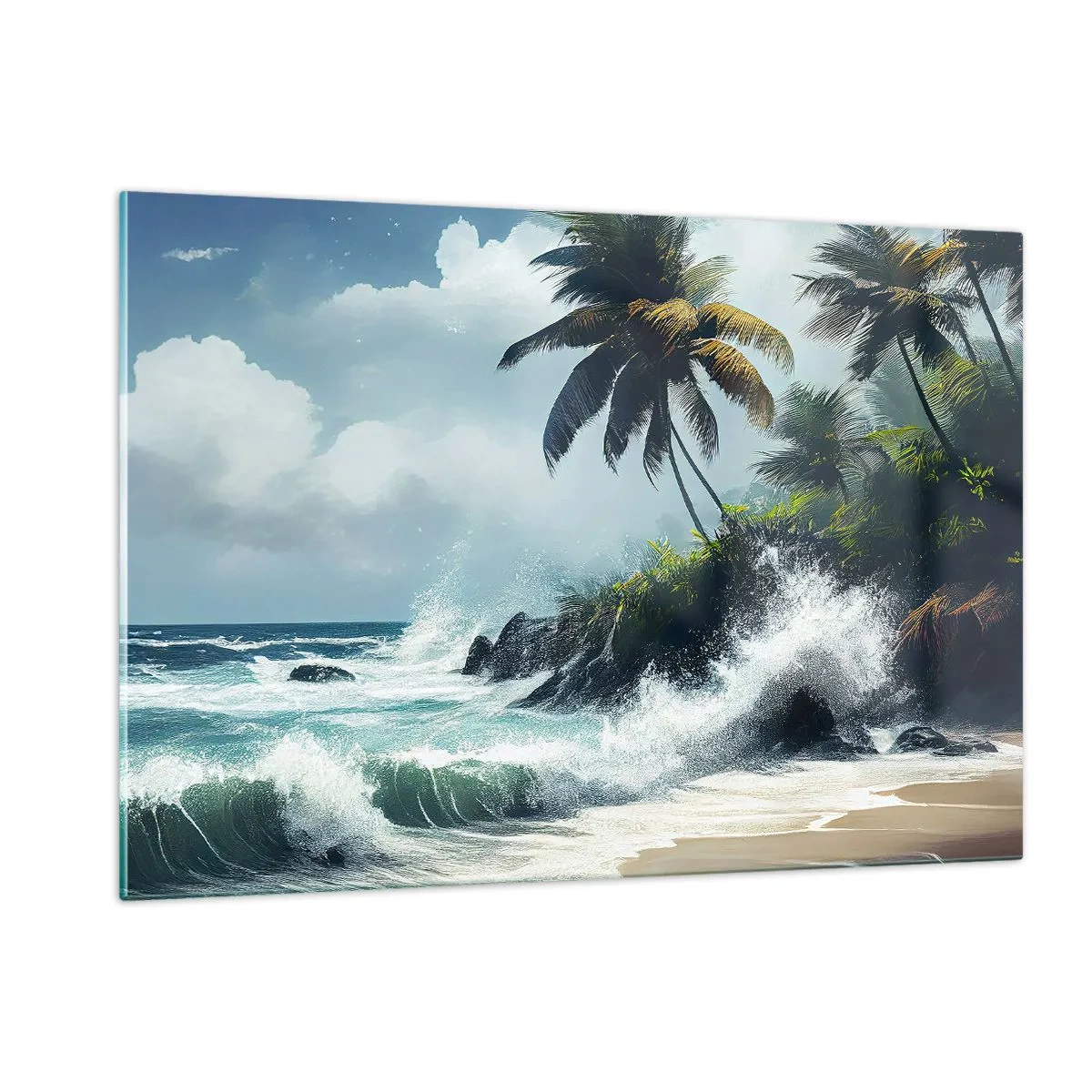 Impression sur verre - Image sur verre - Vagues s'écrasant contre les rochers près des palmiers sur une plage tropicale - 120x80cm - Sur une côte tropicale - Décoration murale moderne pour le salon et la chambre ARTTOR