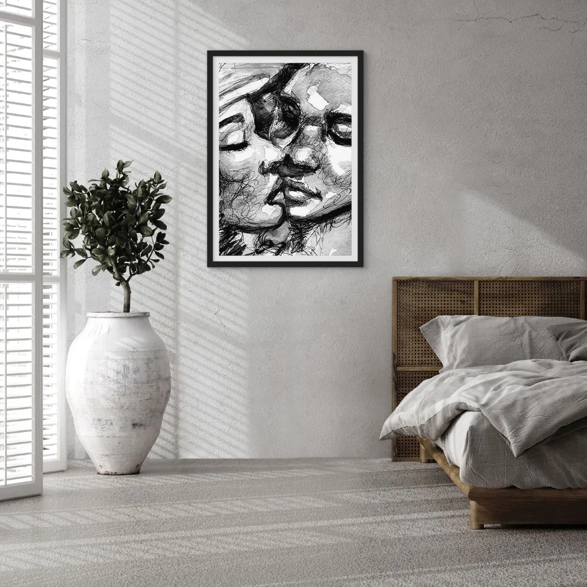 Affiche dans un cadre noir - Poster - Portrait abstrait en noir et blanc d'un baiser - 50x70cm - Un moment tendre - Décoration murale moderne pour le salon et la chambre ARTTOR