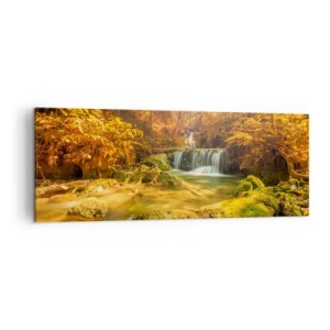 Impression sur toile - Image sur toile - Une cascade dorée dans une forêt d'automne entourée de verdure - 140x50cm - Cascade de forêt en or - Décoration murale moderne pour le salon et la chambre ARTTOR
