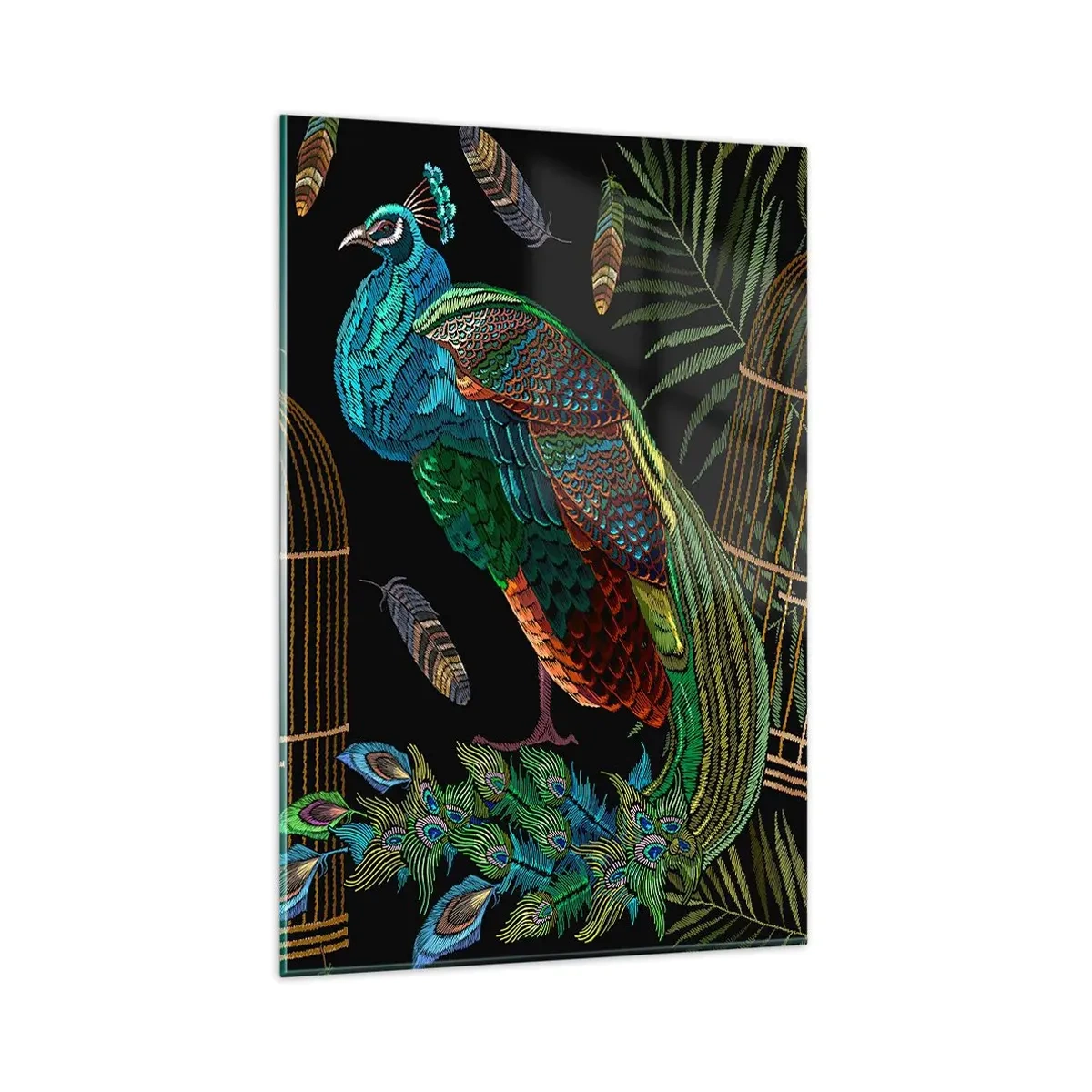 Impression sur verre - Image sur verre - Paons à côté d'une cage dorée sur fond noir - 80x120cm - En robes royales - Décoration murale moderne pour le salon et la chambre ARTTOR
