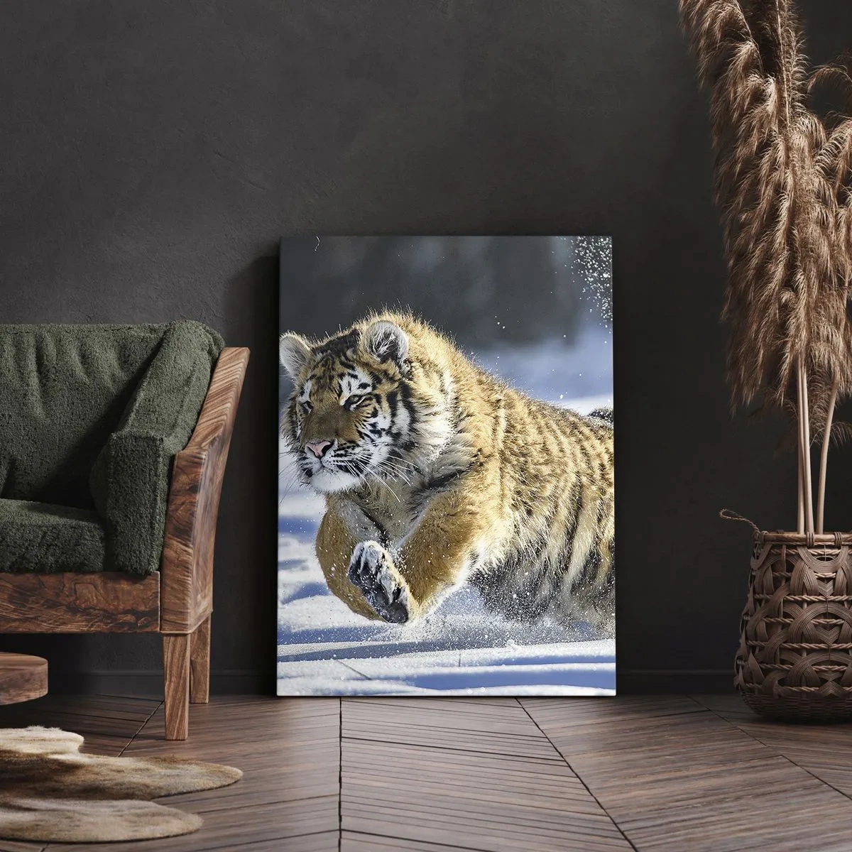 Impression sur toile - Image sur toile - Un tigre de Sibérie courant dans un paysage enneigé - 80x120cm - Dieu de la taïga sibérienne - Décoration murale moderne pour le salon et la chambre ARTTOR