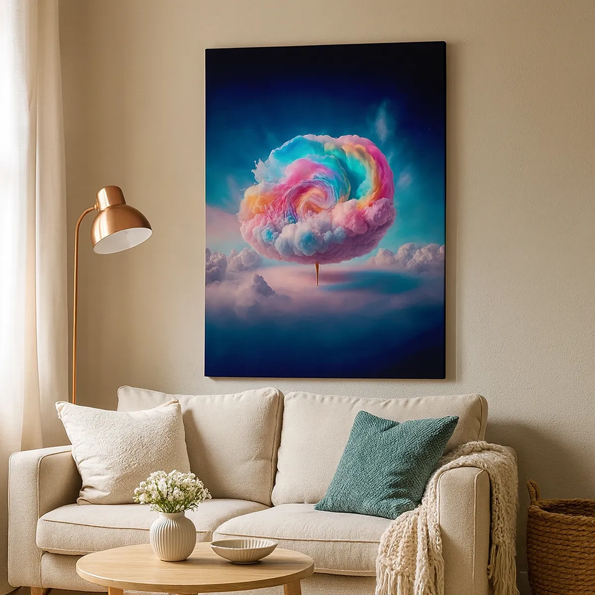 Impression sur toile - Image sur toile - Un nuage en forme de spirale aux couleurs pastel dans le ciel - 50x70cm - Le rêve d'un parc d'attractions - Décoration murale moderne pour le salon et la chambre ARTTOR