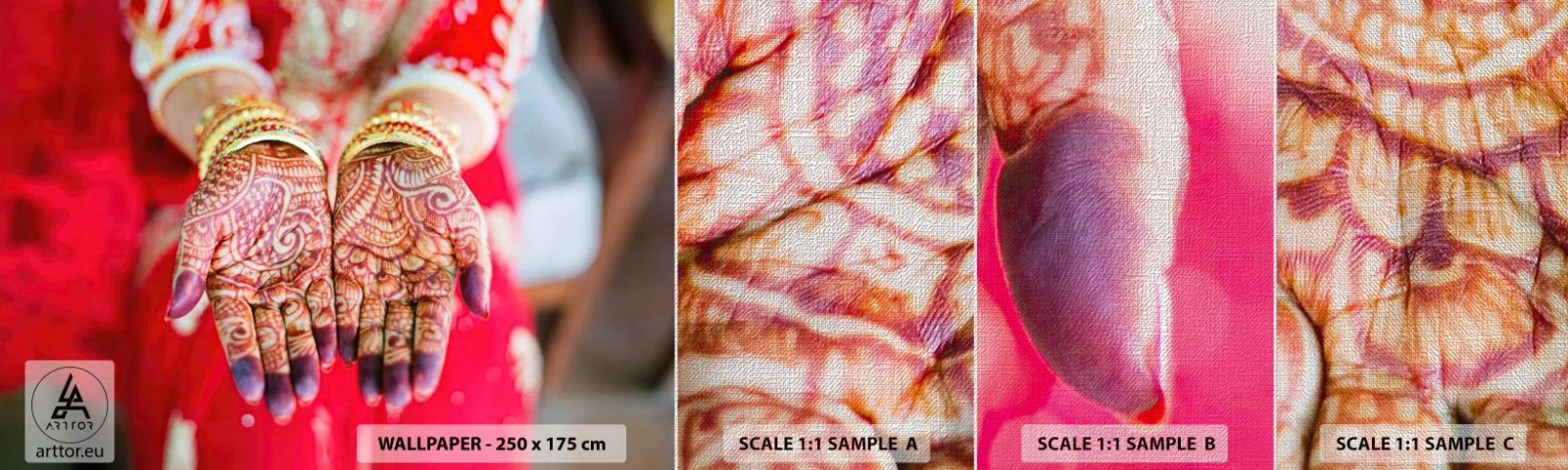 Échantillon de Papier Peint Premium Canvas - Prêt à saisir votre chance - Mains de femmes, Dessins orientaux, Inde - 100x30 cm