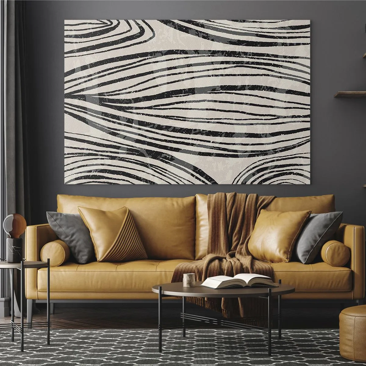 Impression sur verre - Image sur verre - Vagues de lignes noires sur fond clair - 120x80cm - Ligne de marécage - Décoration murale moderne pour le salon et la chambre ARTTOR