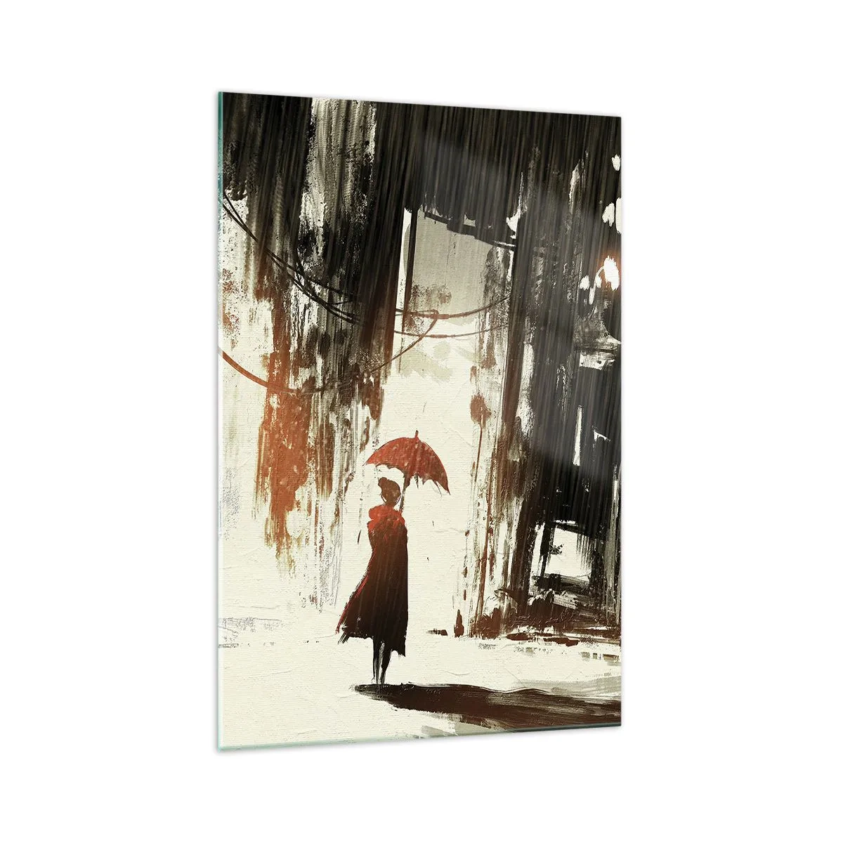Impression sur verre - Image sur verre - Une figure rouge avec un parapluie dans une scène pluvieuse - 70x100cm - La poésie du parapluie rouge - Décoration murale moderne pour le salon et la chambre ARTTOR
