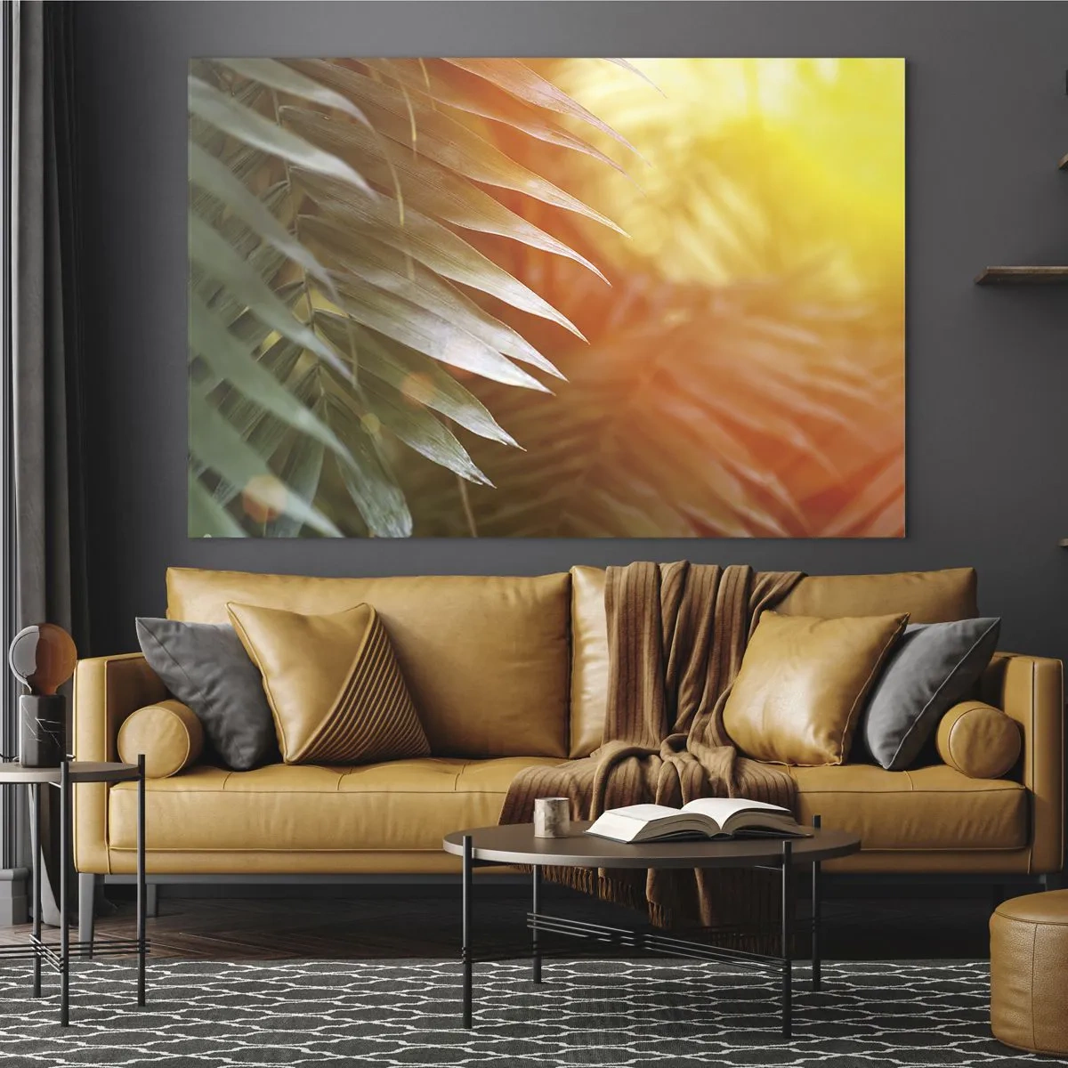 Impression sur verre - Image sur verre - Feuilles de palmier à la lueur du soleil du matin dans un cadre tropical - 120x80cm - Matinée dans la jungle - Décoration murale moderne pour le salon et la chambre ARTTOR