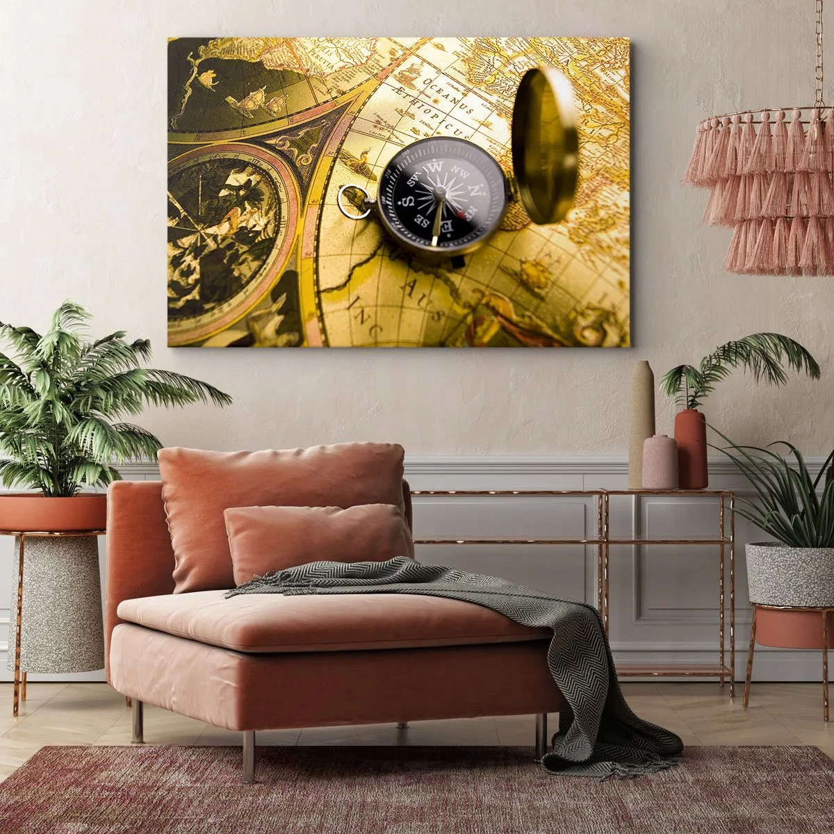 Impression sur toile - Image sur toile - Une boussole antique sur fond d'une vieille carte du monde - 120x80cm - Ou peut-être jusqu'au bout du monde ? - Décoration murale moderne pour le salon et la chambre ARTTOR