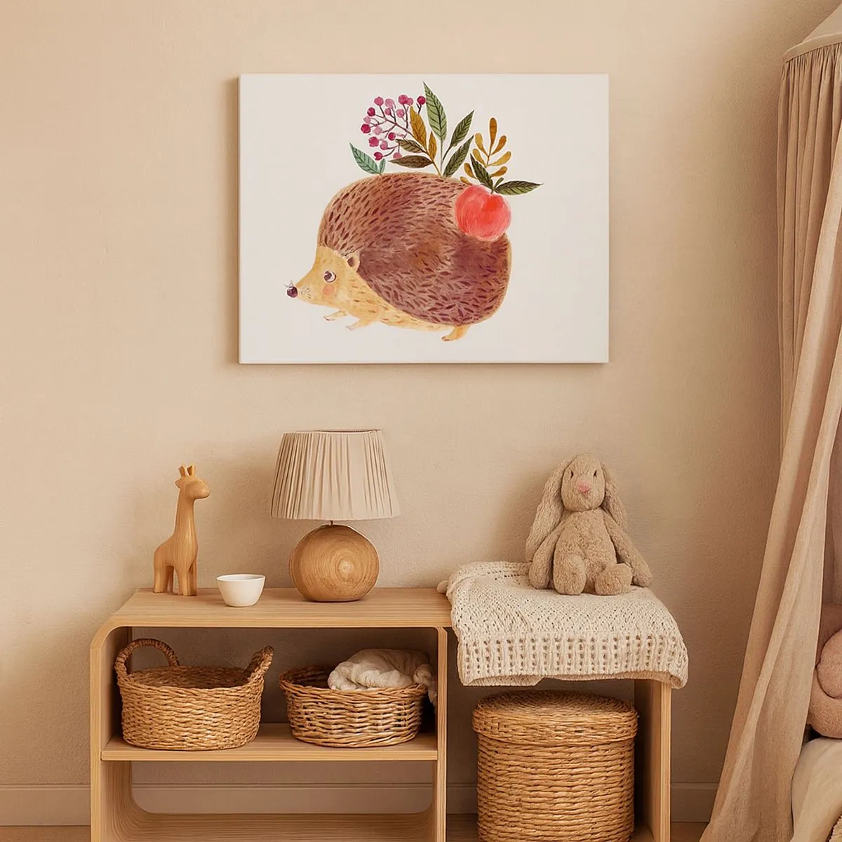 Impression sur toile - Image sur toile - Un hérisson mignon avec une pomme et des plantes dans un style illustratif - 70x50cm - Et tu m’apprécies déjà - Décoration murale moderne pour le salon et la chambre ARTTOR