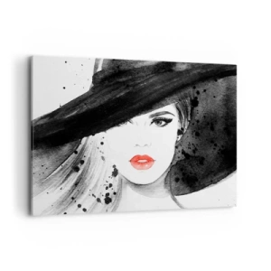Impression sur toile - Image sur toile - Portrait d'une femme au chapeau et aux lèvres rouges - 100x70cm - Dame en noir - Décoration murale moderne pour le salon et la chambre ARTTOR