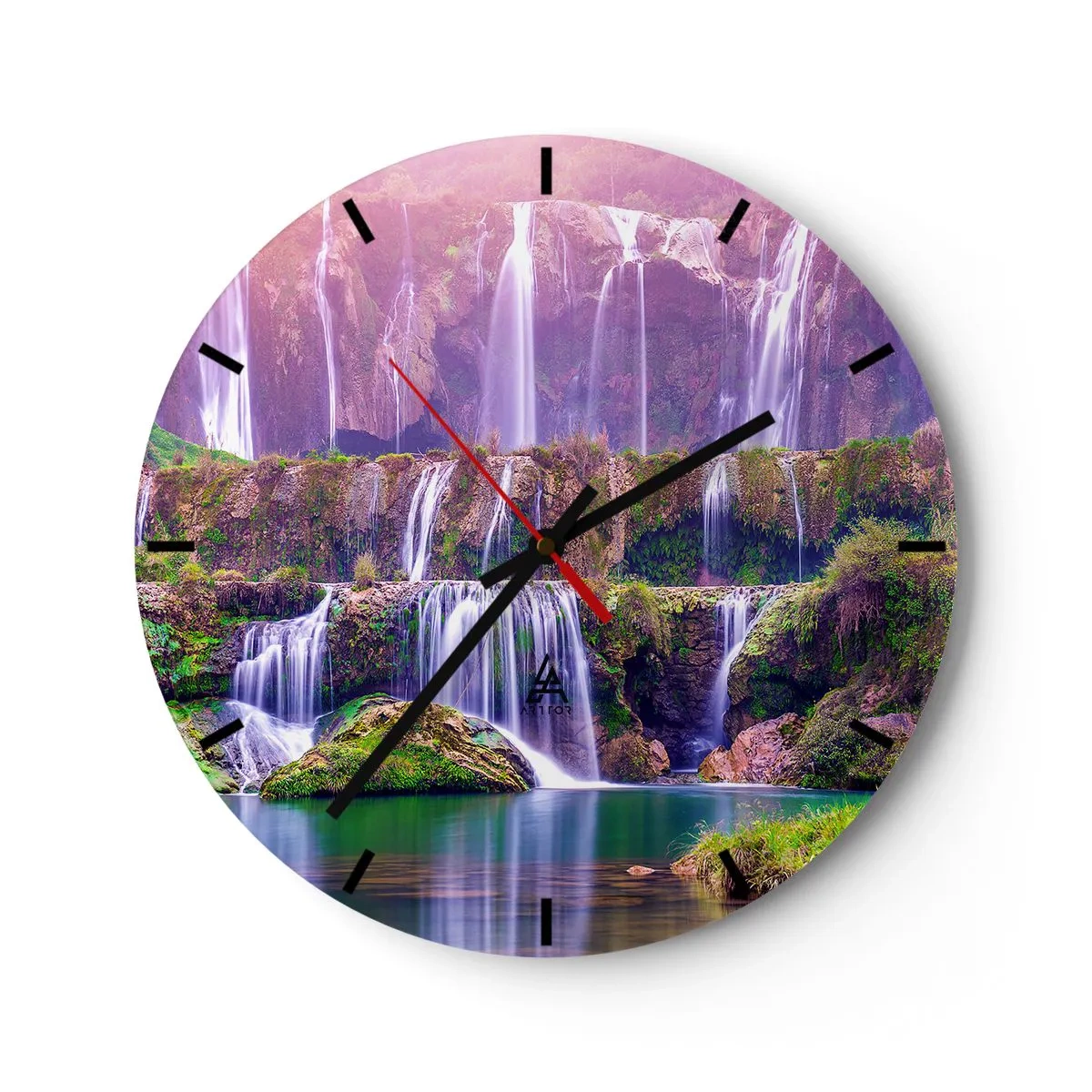 Horloge murale - Pendule murale - Une cascade entourée de verdure avec des reflets de lumière dans une teinte rose - 30x30cm - Escalier vers le ciel - Décoration murale moderne pour le salon, la cuisine et la chambre ARTTOR