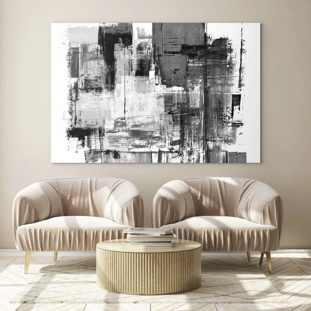 Impression sur verre - Image sur verre - Abstraction en noir et blanc avec une structure géométrique - 70x50cm - Le gris est beau - Décoration murale moderne pour le salon et la chambre ARTTOR
