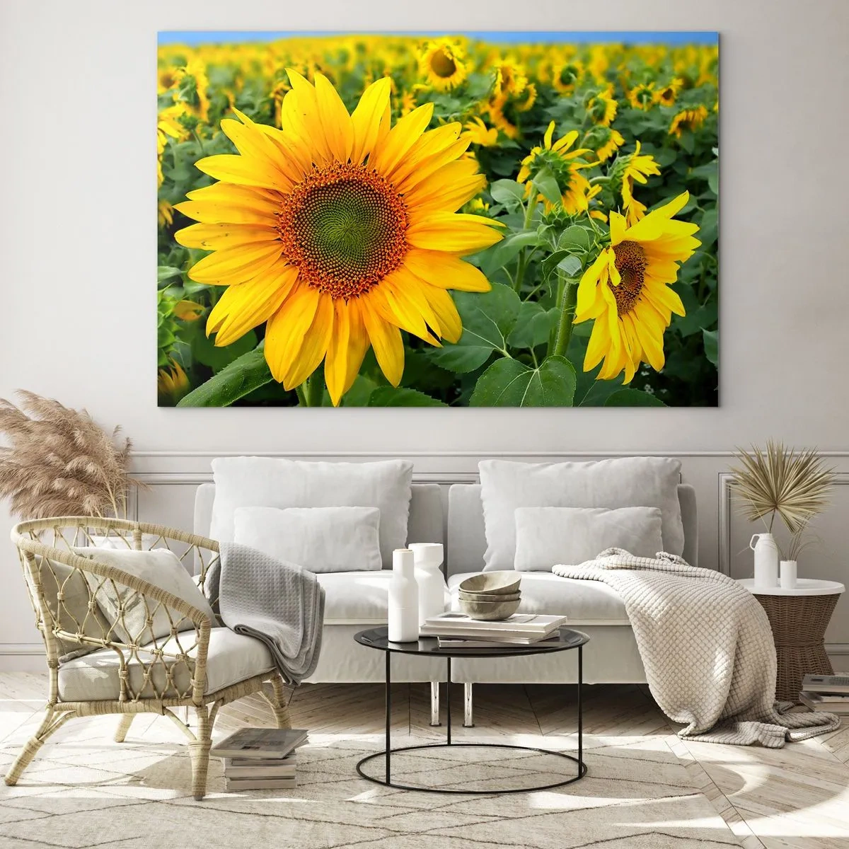 Impression sur verre - Image sur verre - Un champ de tournesols en pleine floraison sous un ciel bleu - 120x80cm - Des centaines de soleils se sont embrasés - Décoration murale moderne pour le salon et la chambre ARTTOR