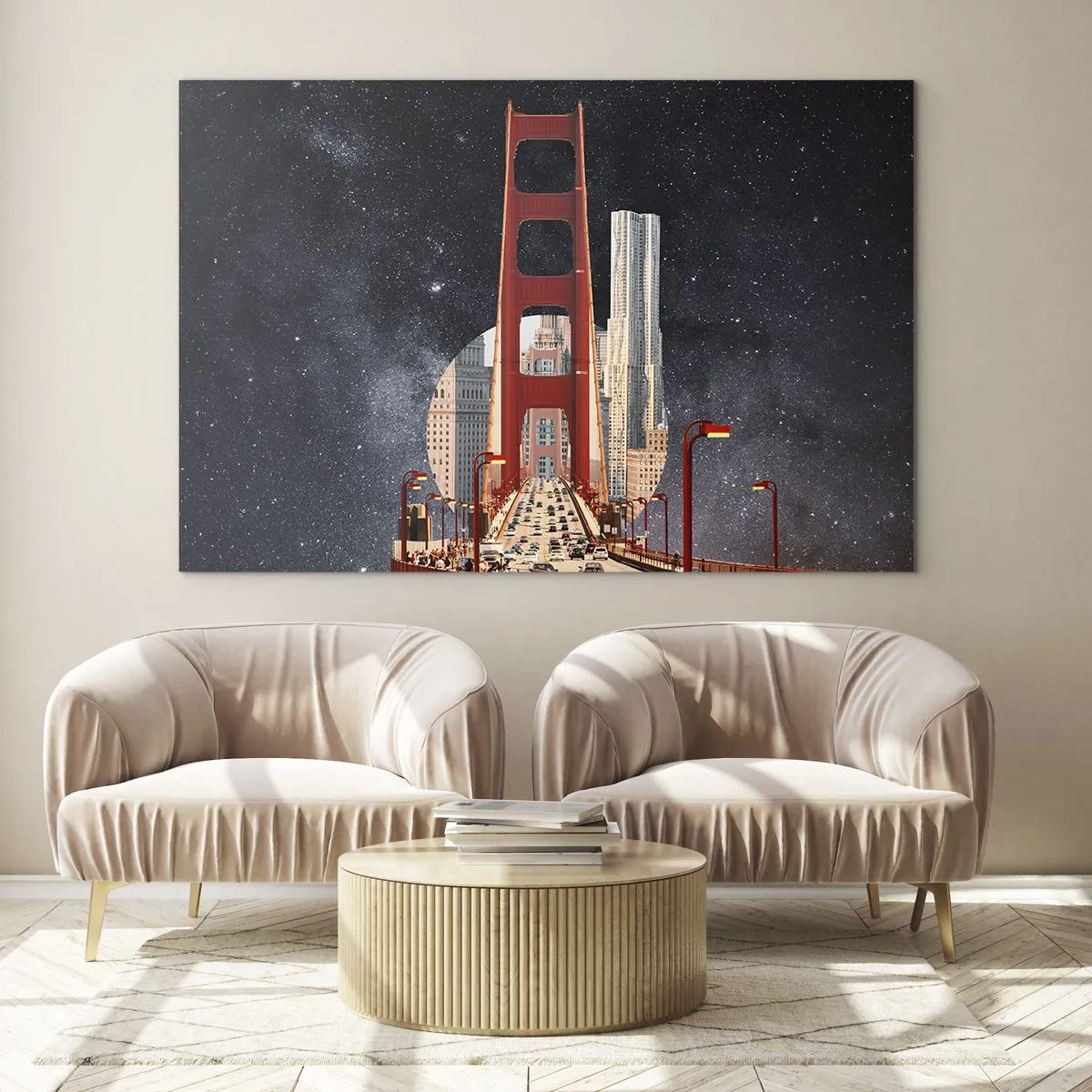 Impression sur verre - Image sur verre - Pont et gratte-ciels sur un fond de galaxie surréaliste - 70x50cm - Toujours au centre - Décoration murale moderne pour le salon et la chambre ARTTOR