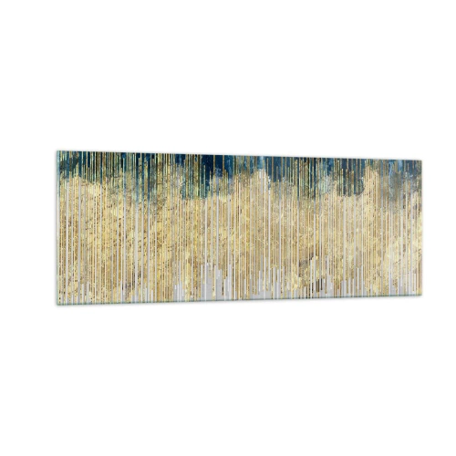 Impression sur verre - Image sur verre - Lignes dorées sur fond d'abstraction bleu marine et gris - 140x50cm - Bordure dorée - Décoration murale moderne pour le salon et la chambre ARTTOR
