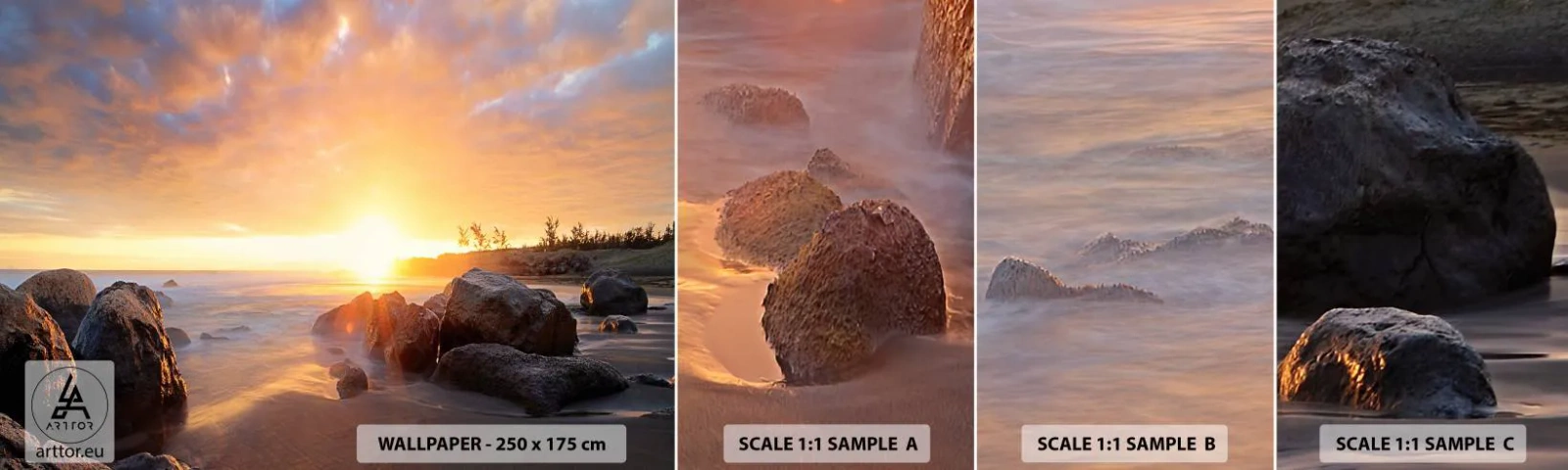 Échantillon De Papier Peint Standard Eco - Brise lumineuse du soir - Paysage, Mer, Lever du soleil - 100x30 cm