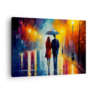 Impression sur toile - Image sur toile - Un couple sous un parapluie se promenant dans une ville nocturne colorée - 70x50cm - Ensemble – une nuit colorée - Décoration murale moderne pour le salon et la chambre ARTTOR