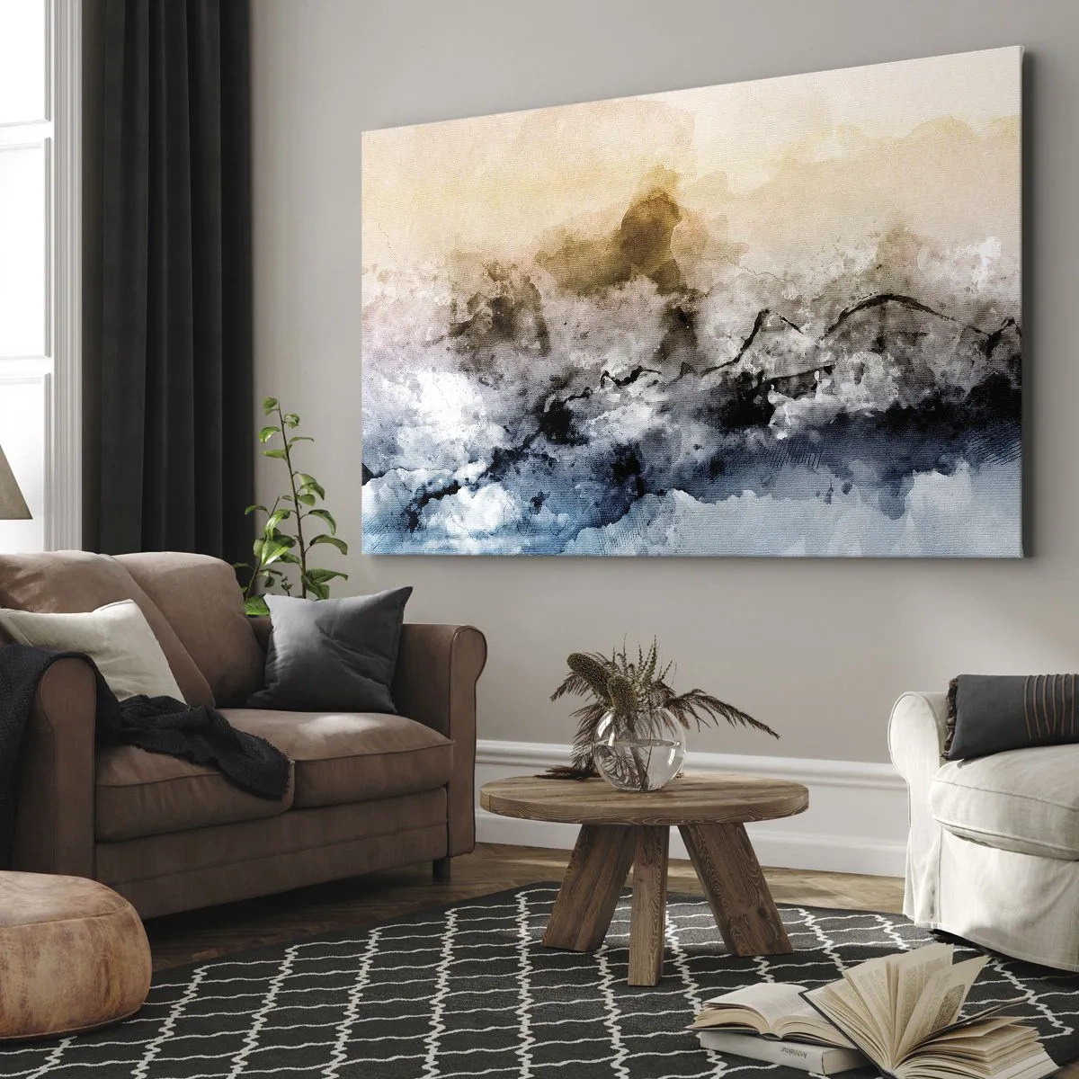 Impression sur toile - Image sur toile - Paysage abstrait avec brouillard et couleurs subtiles - 70x50cm - Noyé dans un nuage de brouillard - Décoration murale moderne pour le salon et la chambre ARTTOR