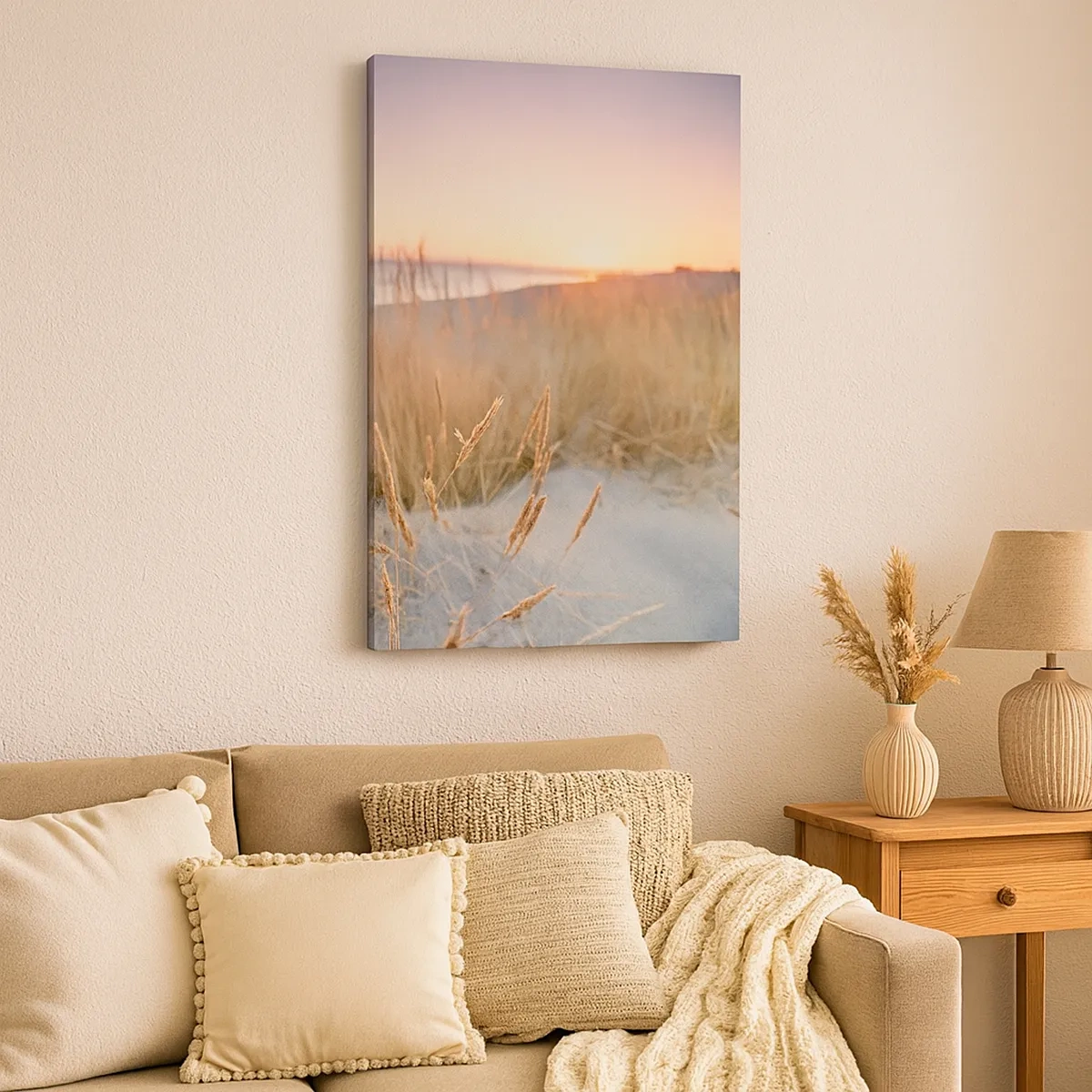 Impression sur toile - Image sur toile - Plage au coucher du soleil avec de hautes herbes - 50x70cm - Berceuse baltique - Décoration murale moderne pour le salon et la chambre ARTTOR